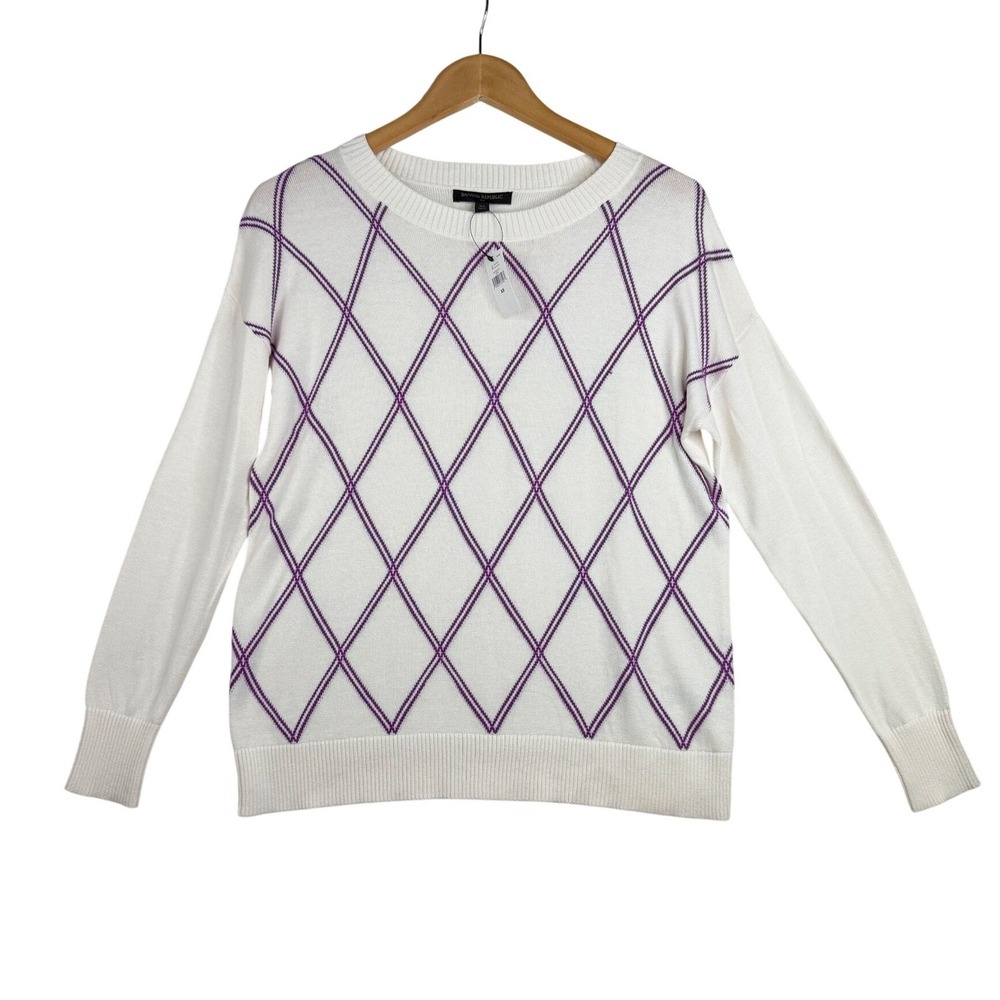 NWT Banana Republic Argyle Diamond Knit Sweater size XS Whtie/Purple